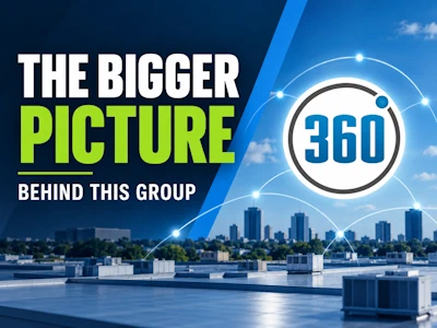 the-bigger-picture-behind-choice-roof-contractor-group | Choice Roof Contractors Promotional banner with bold white and green text reading 'THE BIGGER PICTURE' and a circular 360 logo over a blue city skyline background.