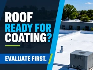 Banner advertising roof coating services: 'Roof ready for coating? Evaluate first.' with a rooftop scene and blue diagonal accents.