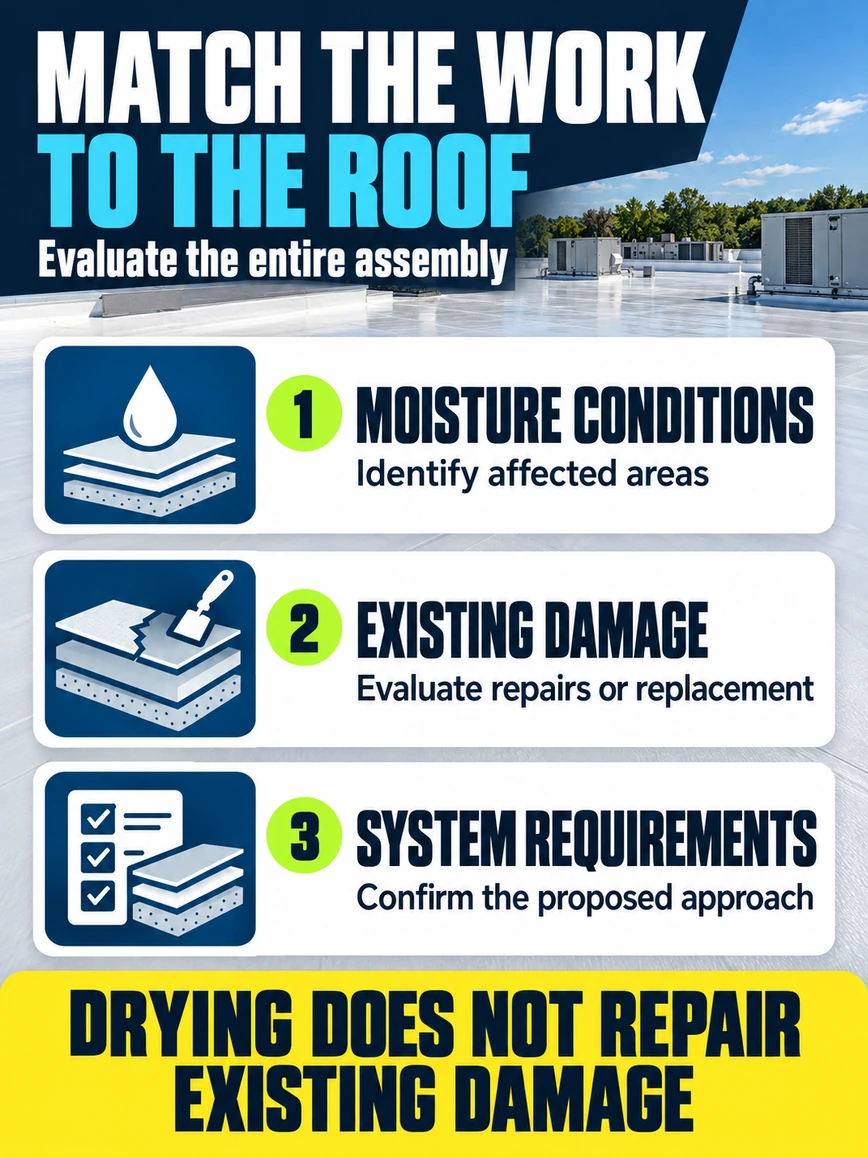 Evaluate moisture conditions, existing damage, and system requirements. Drying does not repair existing damage.