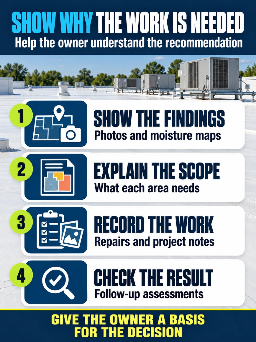 Show the findings, explain the scope, record the work, and check the result to help the owner understand the recommendation.