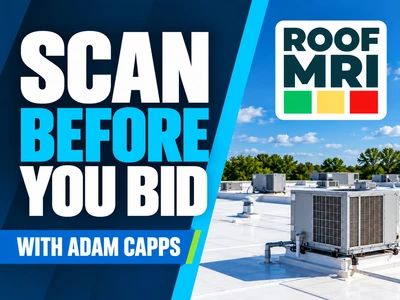 06-homepage-400x300 | Choice Roof Contractors Promotional graphic: bold text 'SCAN BEFORE YOU BID' with 'WITH ADAM CAPPS' and a rooftop HVAC scene, Roof MRI logo in the corner.